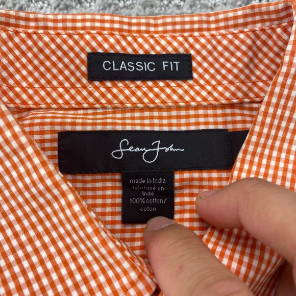Sean John Shirt Men Medium M Orange White Checkered Button Up Classic Fit Diddy - Picture 2 of 8